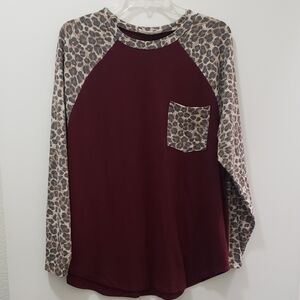 Zenana Long Sleeve Leopard Print Burgundy Top